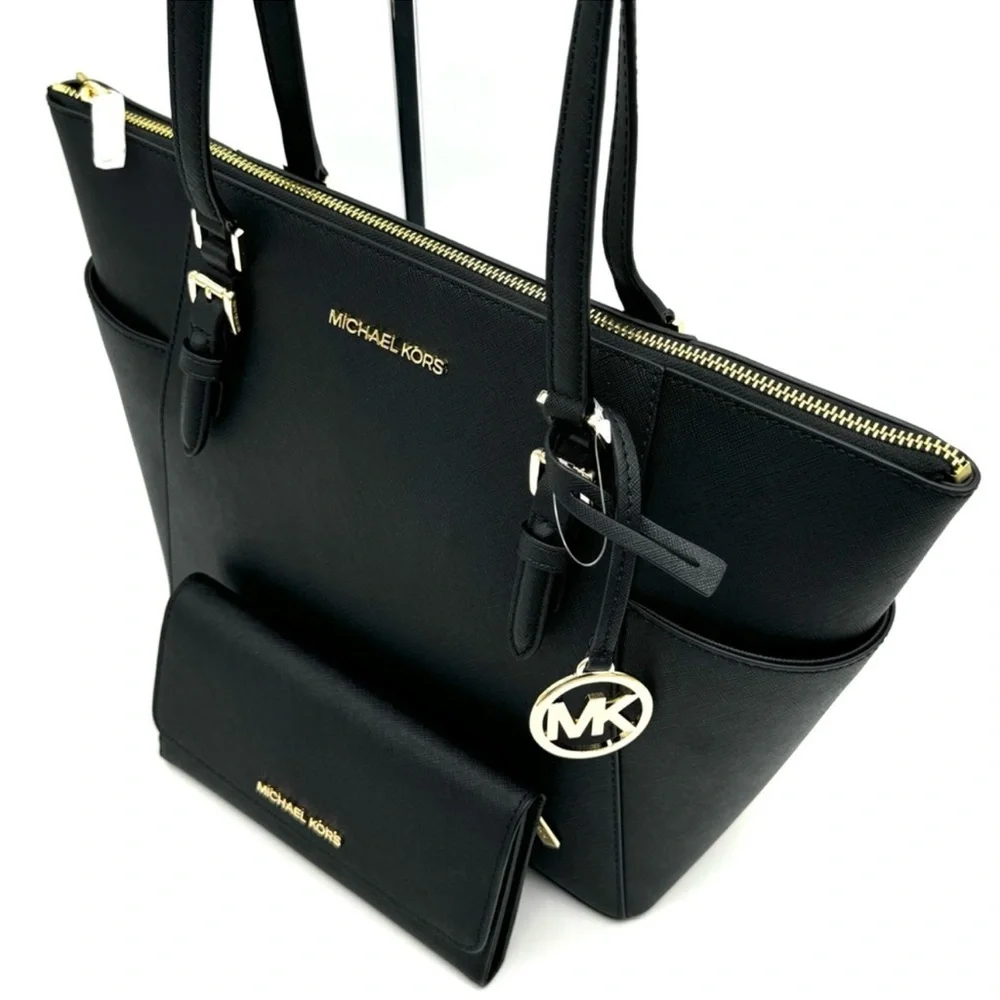 Michael Kors Large Charlotte TZ Tote Bag & Large Trifold Wallet Black/Gold - Picture 10 of 14